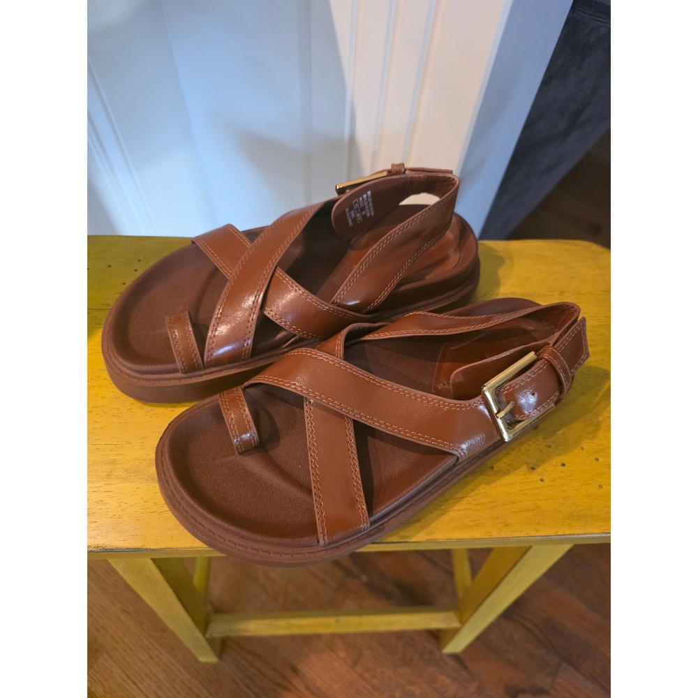Zara Flat Leather Sandals with Buckle Brown Toe Loop 3640/310/709 Size 36
